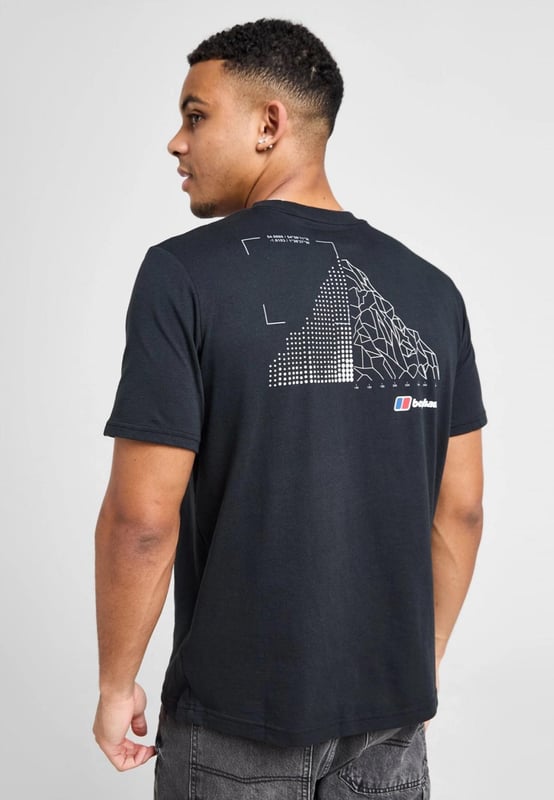 Berghaus Men's Mountain Coordinates T-Shirt in a Black colourway. - - . This tee is cut from soft, durable cotton for total comfort. - - .  It features and ribbed crew neckline and short sleeves for a classic cut and is finished up with a mountain graphic on the back and Berghaus branding on the chest. - - .  model is 6'1" with a 39" chest and wears size M.
