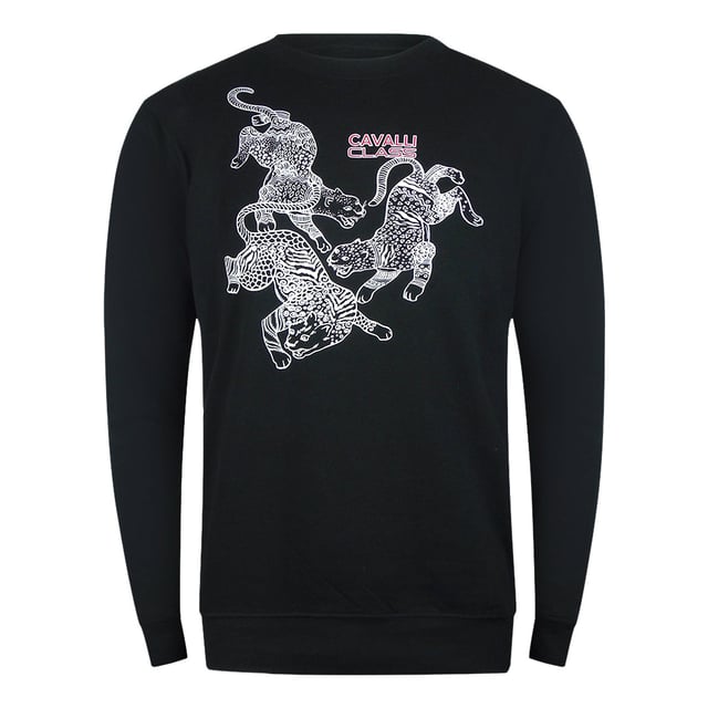 Cavalli Class Paisley Leopards Design Black Sweatshirt Elevate your casual wardrobe with the Cavalli Class Paisley Leopards Design Black Sweatshirt. Crafted from 100% cotton, this men's sweatshirt offers exceptional comfort and breathability. Its striking paisley leopard print adds a bold, stylish edge to the classic black round-neck design. Made in Bangladesh with attention to quality, this sweatshirt is perfect for those who want to combine luxury fashion with everyday wear. Whether you're dressing up or down, it delivers both sophistication and ease, making it a versatile addition to your collection