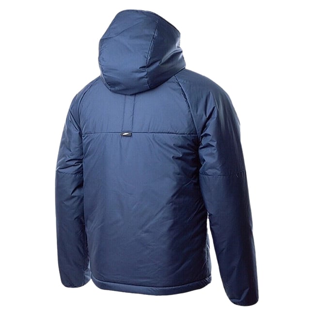 Stay warm and dry with the Nike Dark Blue Padded Jacket, crafted from 100% polyester with Therma-FIT technology to retain heat efficiently. This water-repellent jacket features a full zip fastening for easy wear, two front pockets secured with buttons, and a zippered left breast pocket for secure storage. The attached hood offers extra protection against the elements, while the iconic Nike badge on the left breast adds a stylish touch. Perfect for outdoor activities or casual wear, this jacket combines functionality and comfort in a sleek design