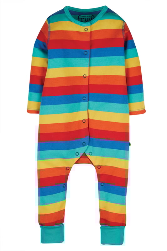 Long sleeve baby romper with centre front popper fastening and turn down leg cuffs for extended wear.GOTS Organic Certified by Soil Association Certification Licence Number DK22283