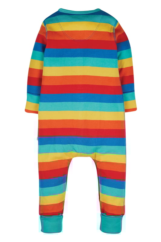 Long sleeve baby romper with centre front popper fastening and turn down leg cuffs for extended wear.GOTS Organic Certified by Soil Association Certification Licence Number DK22283
