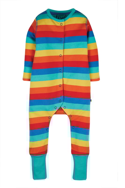 Long sleeve baby romper with centre front popper fastening and turn down leg cuffs for extended wear.GOTS Organic Certified by Soil Association Certification Licence Number DK22283