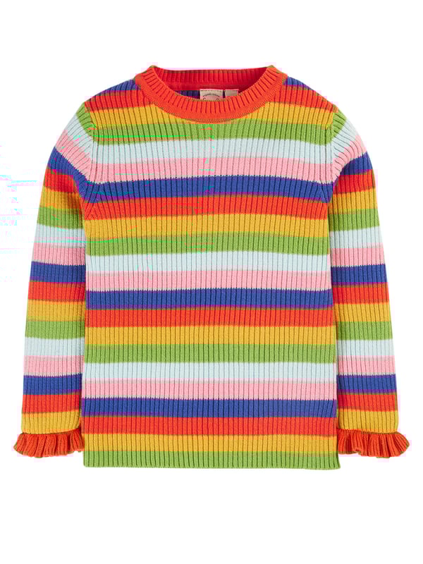 Organic cotton knitted rib jumper with lettuce finish at the sleeve. GOTS Organic Certified by Soil Association Certification Licence Number DK22283. Part of the Frugi circular Recycle Me! Range, this garment can be recycled once it comes to the end of it's usable life.