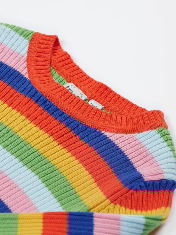 Organic cotton knitted rib jumper with lettuce finish at the sleeve. GOTS Organic Certified by Soil Association Certification Licence Number DK22283. Part of the Frugi circular Recycle Me! Range, this garment can be recycled once it comes to the end of it's usable life.