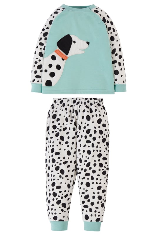 Raglan pyjama top with character applique and co-ordinating printed long john. Top front is lined.-	GOTS Organic Certified by Soil Association Certification Licence Number DK22283