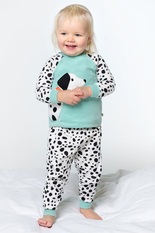 Raglan pyjama top with character applique and co-ordinating printed long john. Top front is lined.-	GOTS Organic Certified by Soil Association Certification Licence Number DK22283