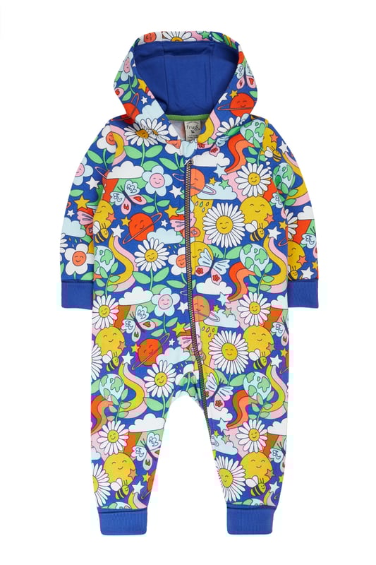 Frugi Girls Snuggle Suit - Multicolour Printed brushback snuggle suit with rib cuffs, jersey lined hood and centre front zip fastening. GOTS Organic Certified by Soil Association Certification Licence Number DK22283. Part of the Frugi circular Recycle Me! Range, this garment can be recycled once it comes to the end of it's usable life.