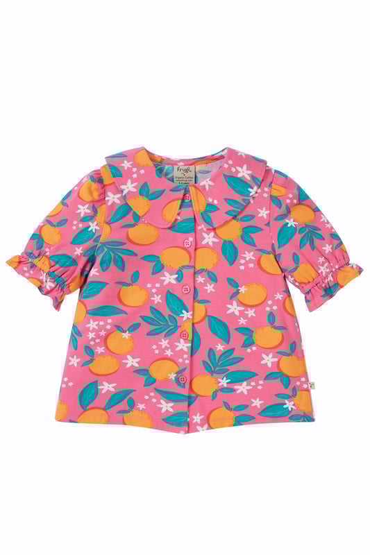 Beautiful top made with our lightweight organic cotton stretch jersey. Features oversized peter pan collar, gathered sleeve detail and button front fastening. GOTS Organic Certified by Soil Association Certification Licence Number DK22283