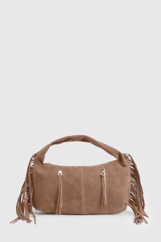 Faux suede hobo bag with statement fringe detailing along both sides
        Spacious main compartment with secure zip closure
        Twin decorative front zips with metallic pull tabs
        Comfortable curved top handle for easy carrying
        Soft-touch finish that mimics the luxurious feel of genuine suede
    
    This boho-inspired faux suede bag brings a touch of festival chic to your everyday wardrobe. The distinctive fringe detailing creates movement and texture, whilst the practical hobo silhouette offers ample space for your essentials. Style with white wide-leg trousers and a fitted top as shown for a balanced daytime look, or pair with a floaty midi dress and ankle boots for evening drinks. The versatile design transitions effortlessly from office to dinner date, making it the perfect companion for your busy social calendar. The curved handle sits comfortably on your shoulder, whilst the secure zip closure keeps your belongings safe. This Boohoo bag combines practicality with on-trend styling, perfect for the fashion-forward woman who values both form and function.