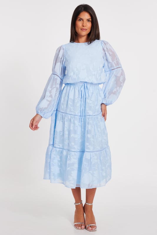 - Jacquard finish - Balloon sleeves - Midi length - Tiered look - Model height: 5'6" - Model wears uk 8 / us 4 / eur 36 - Always check the wash care label - Cool hand wash with mild detergent