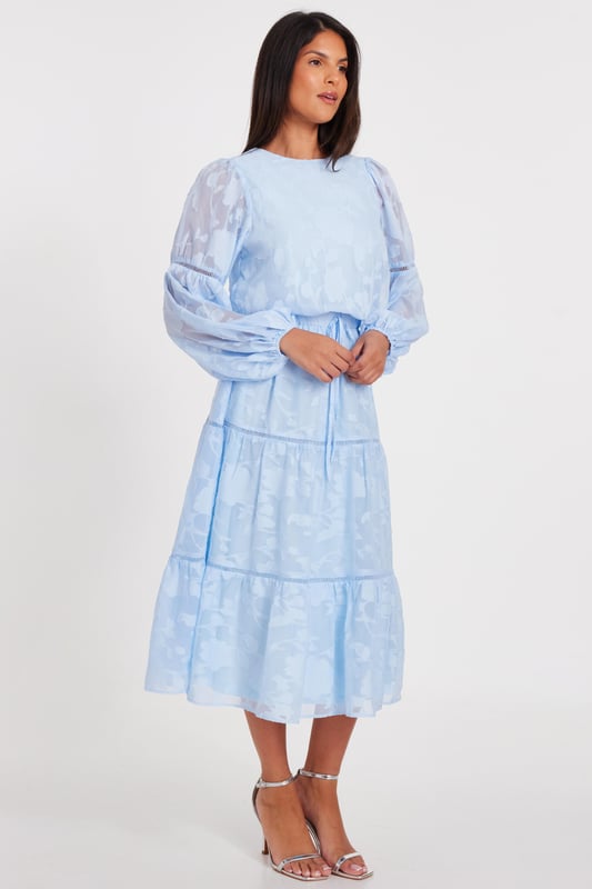 - Jacquard finish - Balloon sleeves - Midi length - Tiered look - Model height: 5'6" - Model wears uk 8 / us 4 / eur 36 - Always check the wash care label - Cool hand wash with mild detergent