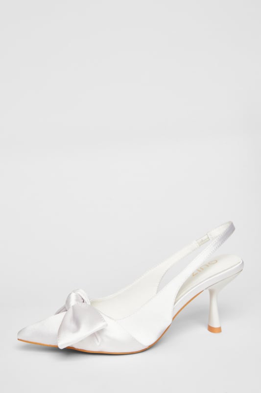 - Satin finish - Slingback strap - Bow detail - Pointed toe - Heel height: 9 cm / 3.5 inches approx - Excluding trims