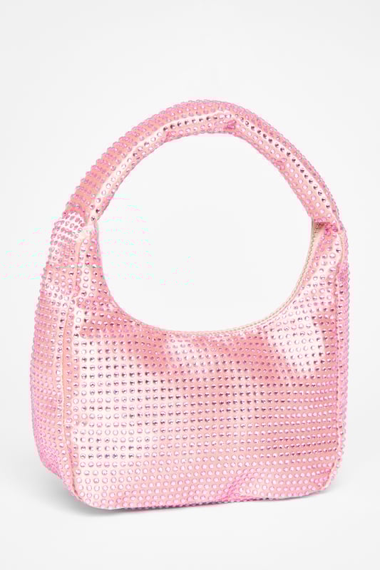 - Satin finish - Diamante embellished - Mini size - Top handle - Zip closure - Length: 20cm - Depth: 4cm - Height: 12cm approx