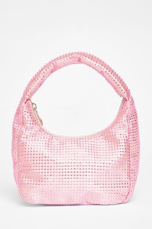- Satin finish - Diamante embellished - Mini size - Top handle - Zip closure - Length: 20cm - Depth: 4cm - Height: 12cm approx