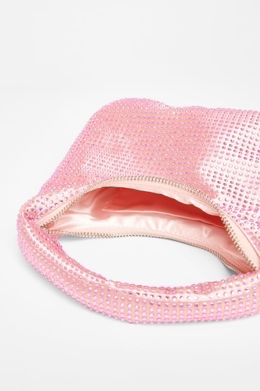 - Satin finish - Diamante embellished - Mini size - Top handle - Zip closure - Length: 20cm - Depth: 4cm - Height: 12cm approx