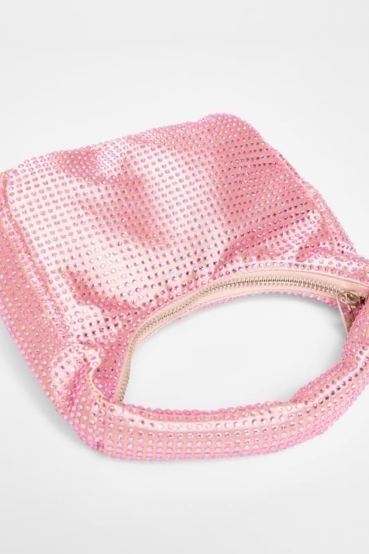 - Satin finish - Diamante embellished - Mini size - Top handle - Zip closure - Length: 20cm - Depth: 4cm - Height: 12cm approx