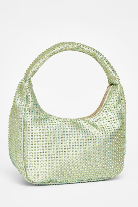 - Satin finish - Diamante embellished - Mini size - Top handle - Zip closure - Length: 20cm - Depth: 4cm - Height: 12cm approx