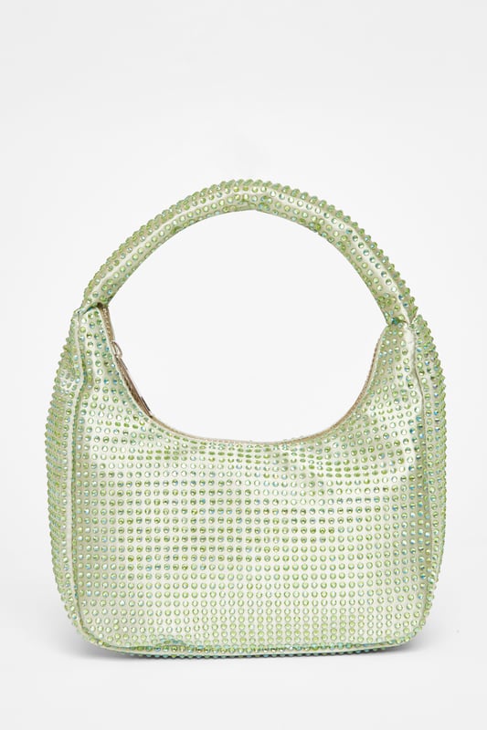 - Satin finish - Diamante embellished - Mini size - Top handle - Zip closure - Length: 20cm - Depth: 4cm - Height: 12cm approx