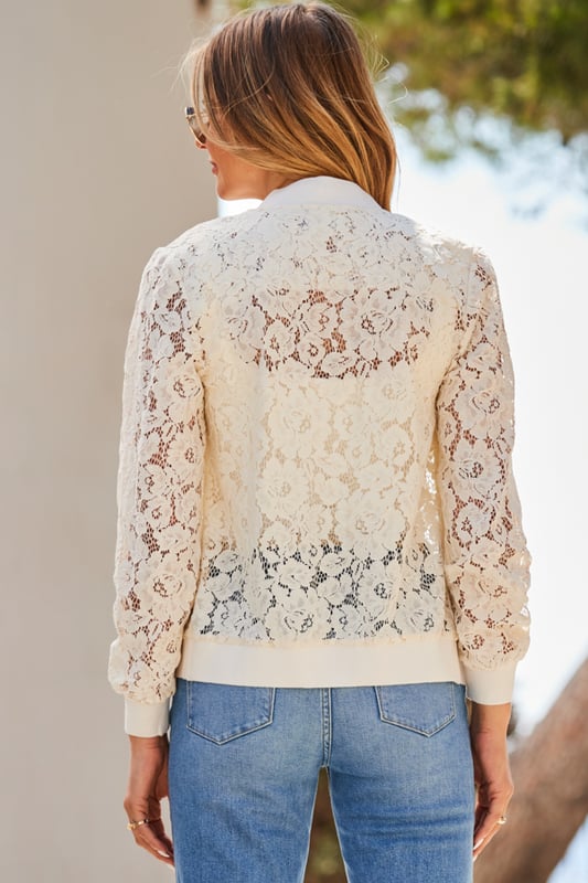 The perfect smart-casual cover-upCrafted from gorgeous ivory laceClassic bomber style is always on-trendRibbed collar, cuffs and hemSexily sheer - perfect for drinks or date nightPair with jeans, leather leggings or cargo trousers
