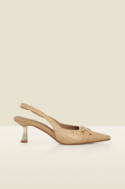 Summer's chicest shoes Crafted from summer-ready raffia Effortlessly elegant pointed toe slingback silhouette Set on a statement (but so wearable) low gold heel Elevated with a luxe gold snaffle detail Style with everything from white jeans to summer occasion dresses
