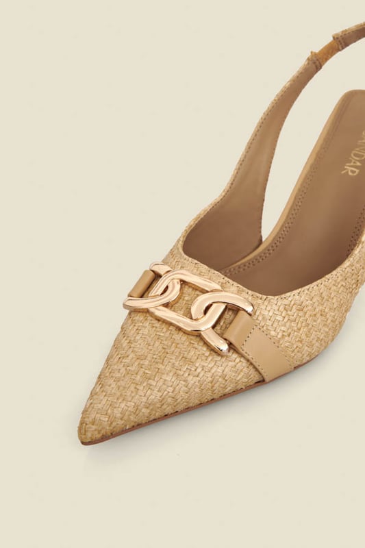 Summer's chicest shoes Crafted from summer-ready raffia Effortlessly elegant pointed toe slingback silhouette Set on a statement (but so wearable) low gold heel Elevated with a luxe gold snaffle detail Style with everything from white jeans to summer occasion dresses
