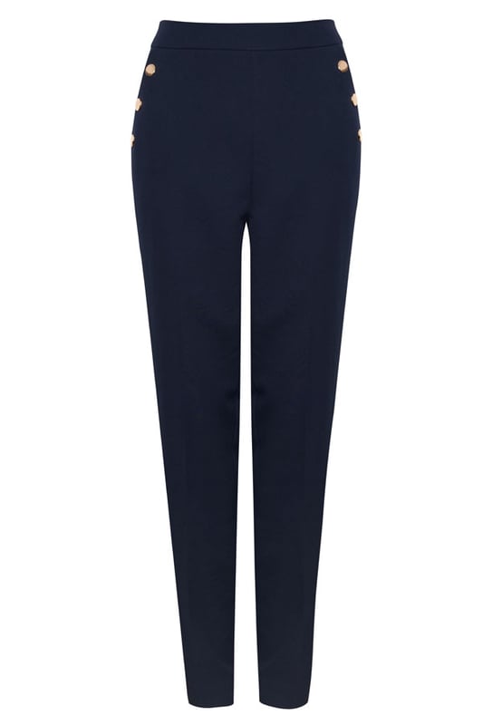 The secret to an effortlessly chic outfitCut in a timeless tapered silhouetteElevated with luxe gold buttonsNavy always looks stylishStyle with chic knits, silky blouses, simple tees and dressy topsCreate a sleek suit with the matching blazerInside leg to fit: Short 29" | Regular 31" | Long 33"