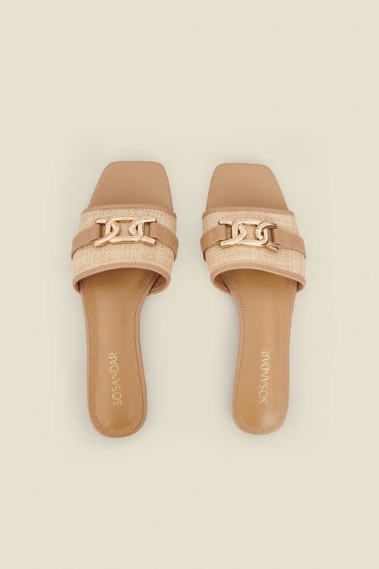 Prepare to wear on repeatChic raffia finishElevated with a luxe gold buckle detailTrending square toe silhouettePerfect for pool days, sightseeing or summer eveningsEffortlessly chic with a linen look