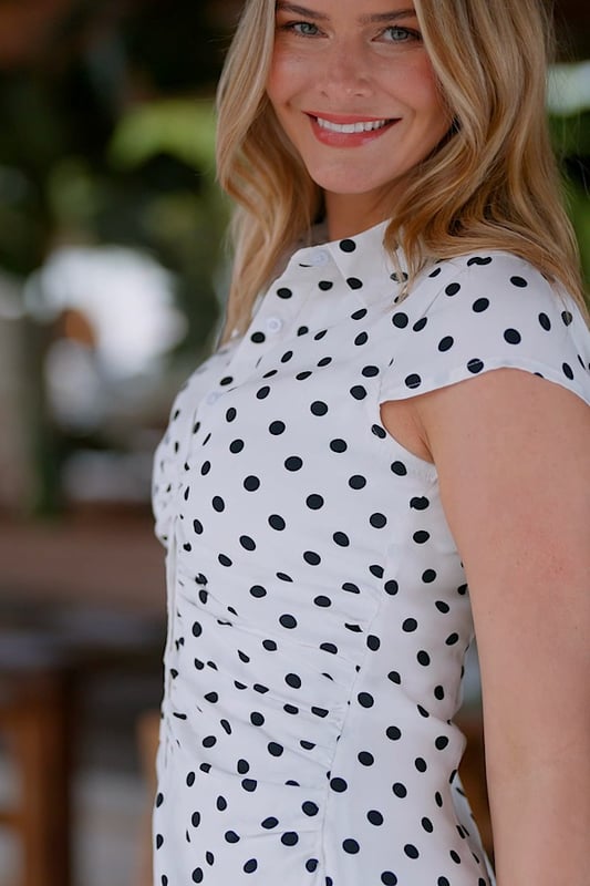 Your shortcut to effortless chicTimeless shirt dress silhouette you can dress up or downThat ruched front is so flatteringSpots always look stylishNipped-in waist falls to an elegant pencil hemCourts, strappy heels, wedges - endless styling options