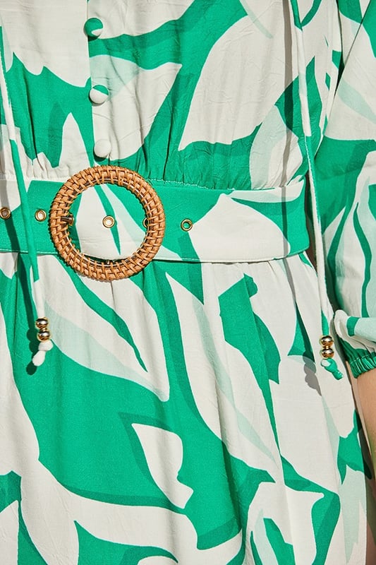 Feel-good vibes guaranteed Floaty, throw-on silhouette Framed by a tie neckline and blouson sleeves Cinched at the waist with a statement wooden buckle belt Falls to a swishy, tiered midaxi hem Just add espadrilles