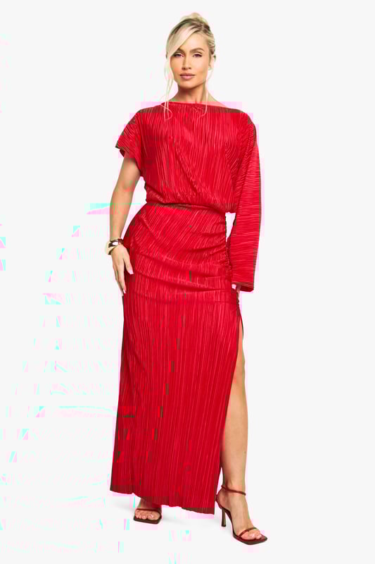 Striking plisse textured maxi dress with dramatic side slit for movement
        Asymmetric sleeve design featuring one full-length and one short sleeve
        Flattering gathered waist detail that creates a blouson effect
        Elegant slash neckline that frames the dcolletage
        Floor-sweeping length with a figure-enhancing silhouette
    
    Make a statement entrance in this show-stopping plisse maxi dress from Boohoo. The distinctive asymmetric sleeve design creates a contemporary silhouette that demands attention, whilst the gathered waist detail cinches you in at just the right spot. The daring side slit adds a touch of allure and ensures ease of movement as you dance the night away. Style with strappy heels as shown and statement gold jewellery for maximum impact. Perfect for cocktail parties, evening soires or that special night out with the girls. The textured plisse fabric catches the light beautifully as you move, ensuring all eyes are on you. This versatile piece works brilliantly for those occasions when you want to combine comfort with head-turning style.