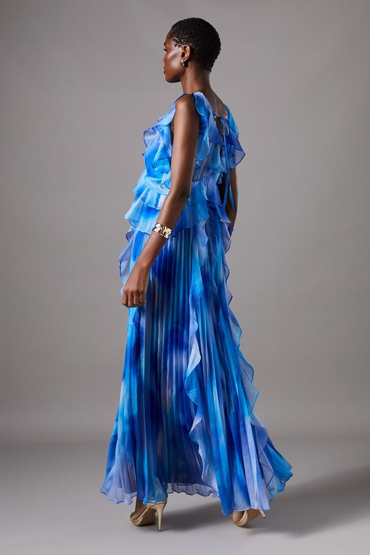 Sleeveless V Neck Chiffon Frill Maxi Holiday Dress