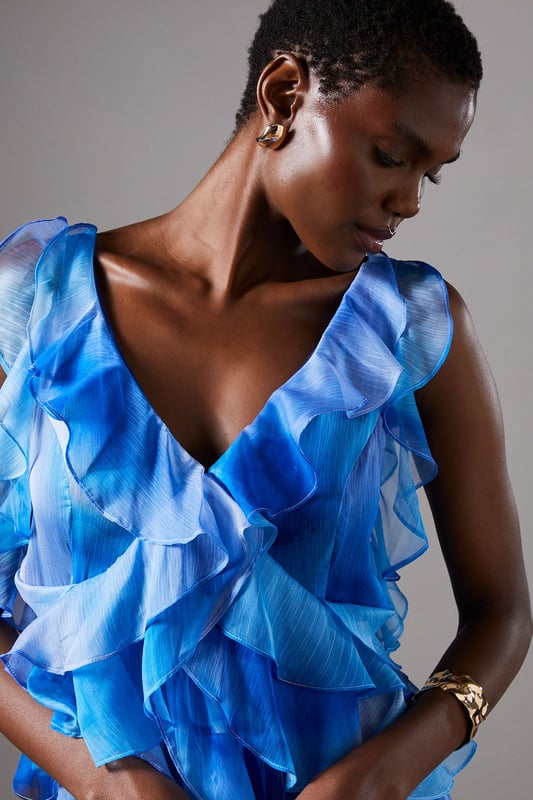 Sleeveless V Neck Chiffon Frill Maxi Holiday Dress