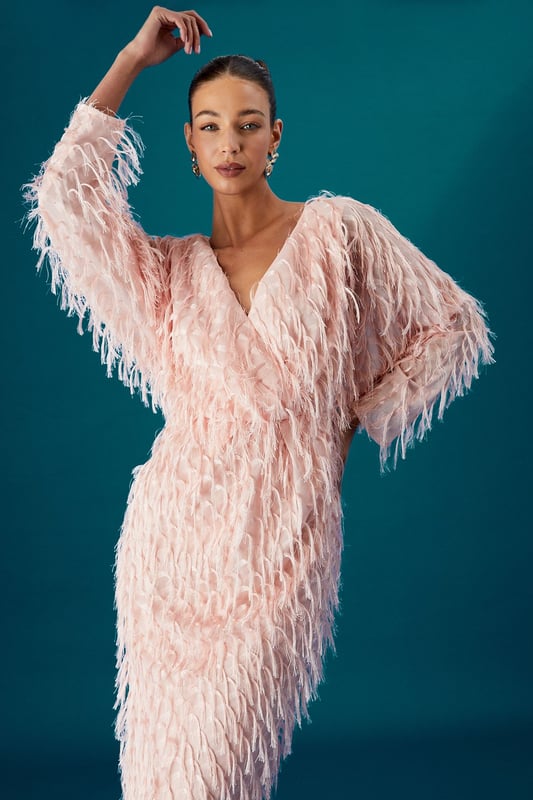 Coast Muse Long Sleeve Feather Detail Maxi Dress