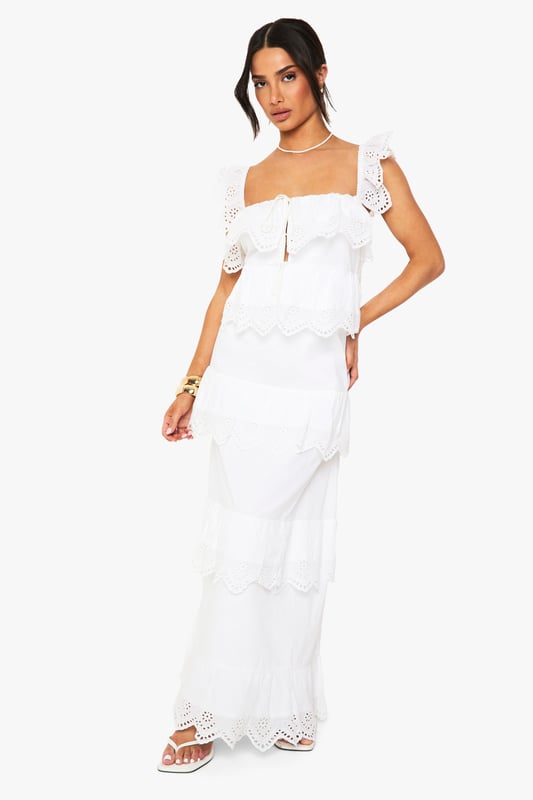 Petite Crochet Frill Maxi Dress Elegant crochet detailing with delicate scalloped edges throughout the tiered design
Feminine square neckline complemented by dainty ruffle straps
Flowing maxi length with romantic tiered ruffles for added movement
Petite-friendly proportions designed to flatter smaller frames
Intricate eyelet pattern adds texture and visual interest to this boho-inspired piece
This enchanting crochet maxi dress captures bohemian charm with its delicate ruffle details and tiered silhouette. The square neckline frames the dcolletage beautifully, while the lightweight fabric ensures comfort for all-day wear. Style with flat sandals and gold-toned bangles for casual daytime gatherings, or dress it up with espadrille wedges and statement earrings for garden parties. The versatile design transitions effortlessly from beachside strolls to family brunches. For cooler evenings, layer with a cropped denim jacket and add a woven clutch to complete the look. This Boohoo dress embodies carefree femininity whilst maintaining a contemporary edge-perfect for the fashion-forward woman who values both style and comfort in her wardrobe.