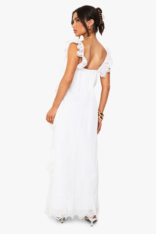Petite Crochet Frill Maxi Dress Elegant crochet detailing with delicate scalloped edges throughout the tiered design
Feminine square neckline complemented by dainty ruffle straps
Flowing maxi length with romantic tiered ruffles for added movement
Petite-friendly proportions designed to flatter smaller frames
Intricate eyelet pattern adds texture and visual interest to this boho-inspired piece
This enchanting crochet maxi dress captures bohemian charm with its delicate ruffle details and tiered silhouette. The square neckline frames the dcolletage beautifully, while the lightweight fabric ensures comfort for all-day wear. Style with flat sandals and gold-toned bangles for casual daytime gatherings, or dress it up with espadrille wedges and statement earrings for garden parties. The versatile design transitions effortlessly from beachside strolls to family brunches. For cooler evenings, layer with a cropped denim jacket and add a woven clutch to complete the look. This Boohoo dress embodies carefree femininity whilst maintaining a contemporary edge-perfect for the fashion-forward woman who values both style and comfort in her wardrobe.