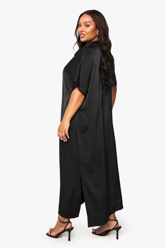 Luxurious satin finish that catches the light beautifully as you move
        Relaxed t-shirt style with short sleeves for effortless comfort
        Elegant midaxi length offering sophisticated coverage
        Clean, minimalist design perfect for accessorising to your taste
        Versatile silhouette that flatters curves with a gentle drape
    
    This satin midaxi t-shirt dress combines understated elegance with contemporary comfort. The relaxed fit skims your curves whilst the lustrous fabric adds a touch of glamour to your evening repertoire. Style with strappy heels and a compact handbag as seen on our model for a night out in the city. The simple design makes it ideal for showcasing statement jewellery - think bold earrings or layered necklaces to transform your look. For cooler evenings, throw on a cropped jacket or an oversized blazer. This dress transitions seamlessly from drinks with the girls to dancing the night away, offering both comfort and style that doesn't compromise on sophistication. The midaxi length strikes the perfect balance between allure and elegance, making this a true wardrobe hero for your going-out collection.