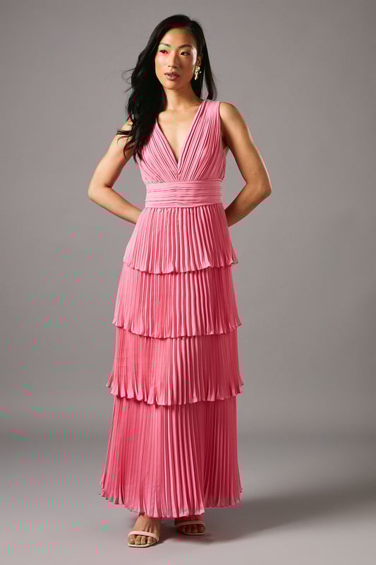 Pleated Tiered Plunge Neck Dress