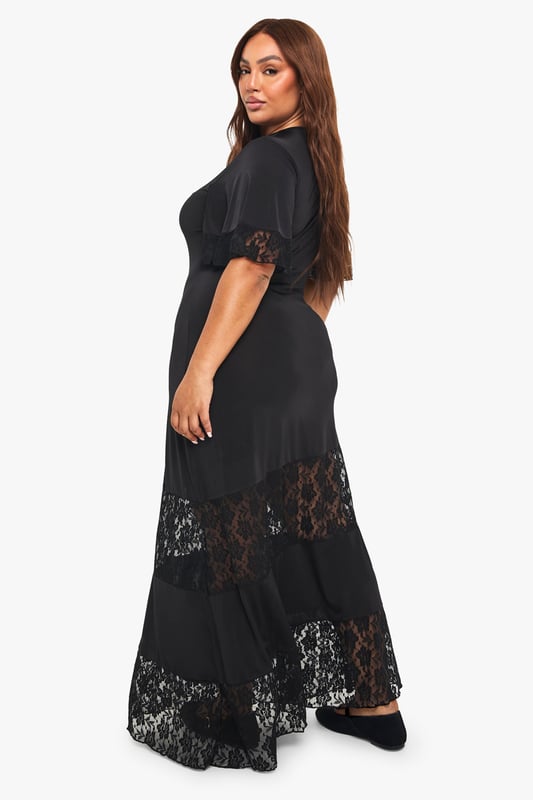Maxi T-shirt dress with elegant lace panel inserts for a contemporary twist
        Relaxed, oversized fit with short sleeves featuring delicate lace trim detailing
        Floor-length design with striking sheer lace sections at the hem and mid-section
        Simple round neckline for a classic, versatile silhouette
        Inclusive plus-size design that celebrates and flatters your curves
    
    Make a statement after dark in this show-stopping maxi T-shirt dress. The relaxed silhouette combines casual comfort with night-out glamour, featuring striking lace panels that add a touch of allure whilst maintaining sophistication. Style with chunky platform boots as seen on our model for an edgy urban look, or dress up with strappy heels and statement jewellery for cocktails with the girls. The versatile design transitions effortlessly from casual drinks to club nights-simply switch up your accessories to match the vibe. Add a leather jacket and clutch bag for cooler evenings, or keep it minimal with bold cuffs and a sleek handbag. This dress offers the perfect balance of comfort and head-turning style for your next night out.