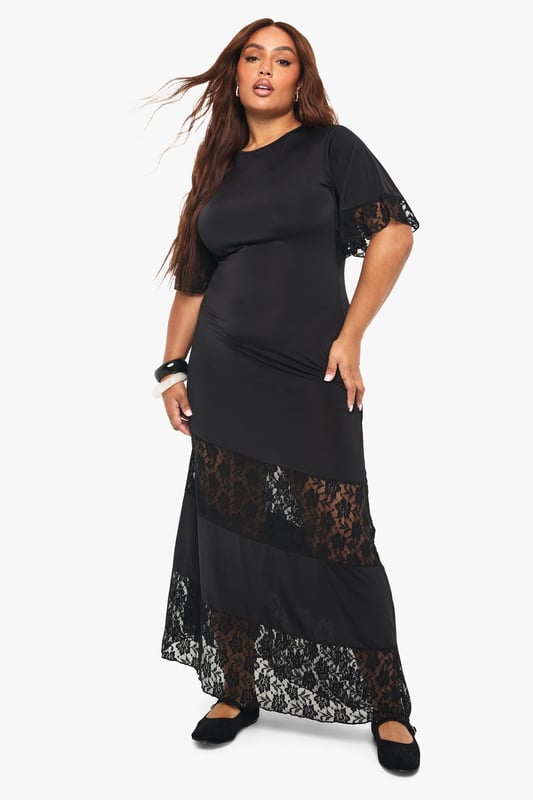 Maxi T-shirt dress with elegant lace panel inserts for a contemporary twist
        Relaxed, oversized fit with short sleeves featuring delicate lace trim detailing
        Floor-length design with striking sheer lace sections at the hem and mid-section
        Simple round neckline for a classic, versatile silhouette
        Inclusive plus-size design that celebrates and flatters your curves
    
    Make a statement after dark in this show-stopping maxi T-shirt dress. The relaxed silhouette combines casual comfort with night-out glamour, featuring striking lace panels that add a touch of allure whilst maintaining sophistication. Style with chunky platform boots as seen on our model for an edgy urban look, or dress up with strappy heels and statement jewellery for cocktails with the girls. The versatile design transitions effortlessly from casual drinks to club nights-simply switch up your accessories to match the vibe. Add a leather jacket and clutch bag for cooler evenings, or keep it minimal with bold cuffs and a sleek handbag. This dress offers the perfect balance of comfort and head-turning style for your next night out.
