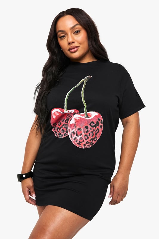 Oversized T-shirt dress with striking leopard print cherry graphic
        Comfortable cotton fabric for all-day wearability
        Relaxed short sleeve design with round neckline
        Mini length silhouette perfect for showcasing your legs
        Versatile piece that can be styled multiple ways for different occasions
    
    Make a bold statement with this playful oversized T-shirt dress from Boohoo. The eye-catching leopard print cherry graphic adds a touch of fun to this casual piece, whilst the relaxed fit ensures maximum comfort without compromising on style. Pair with chunky trainers and a crossbody bag for daytime outings as seen on our model, or dress it up with ankle boots and statement jewellery for evening drinks with the girls. The mini length is perfect for warmer days, but can easily transition into cooler weather when layered with tights and a leather jacket. This versatile dress works brilliantly for family gatherings, casual brunches, or weekend shopping trips - a true wardrobe essential that combines comfort with Boohoo's signature trendy aesthetic.