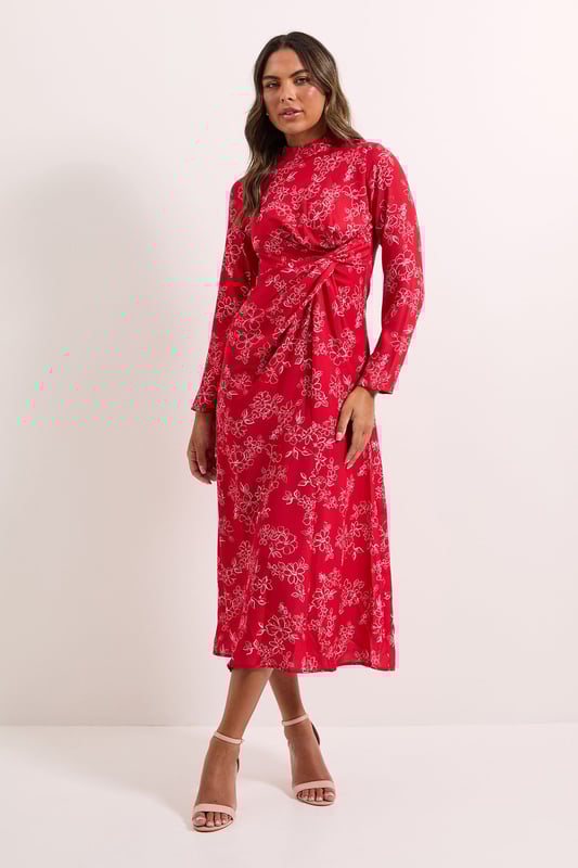 Floral High Neck Ruched Side Midi Dress