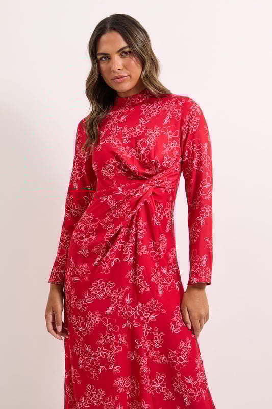 Floral High Neck Ruched Side Midi Dress