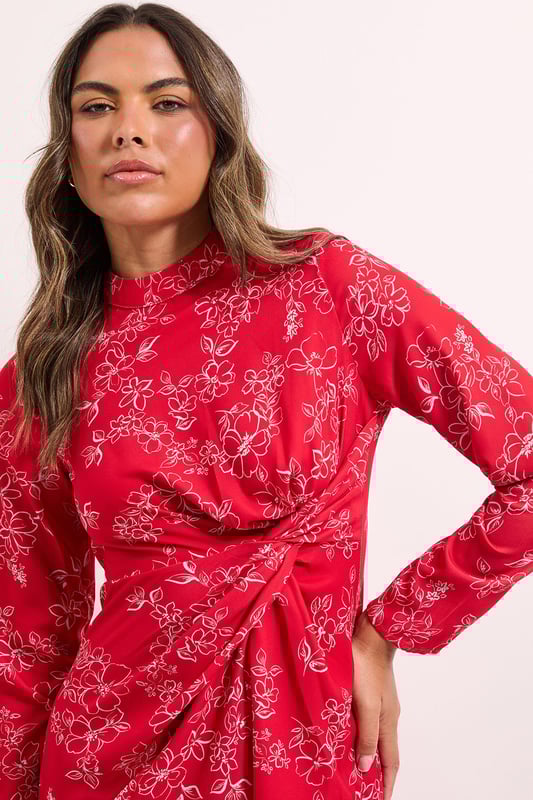 Floral High Neck Ruched Side Midi Dress