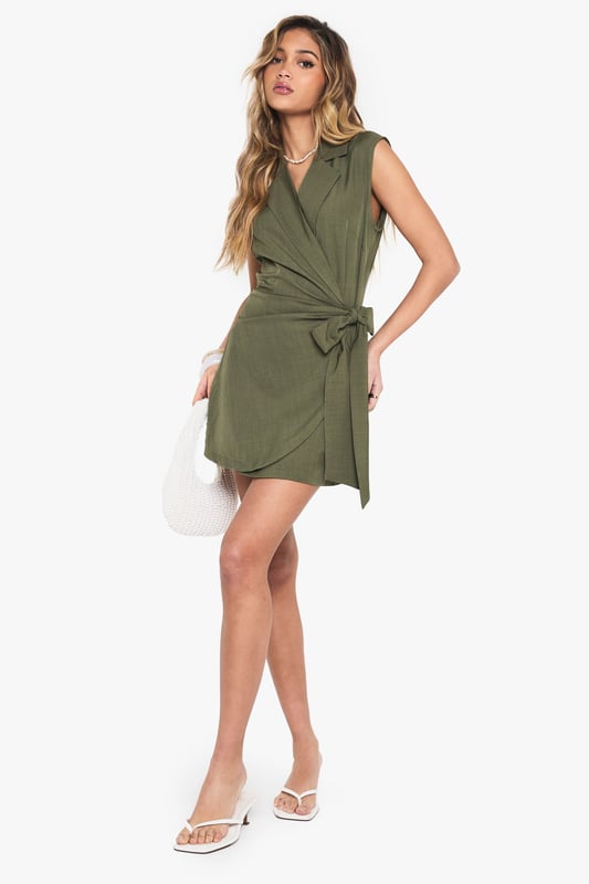 Linen Look Wrap Drape Front Sleeveless Blazer Dress