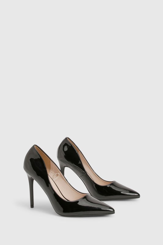 Sleek stiletto heels measuring between 7-9cm for a striking silhouette
        Pointed toe design creates a flattering, leg-lengthening effect
        Glossy PU finish offers a sophisticated, high-shine appearance
        Classic slip-on style for effortless wear and versatility
        Cushioned footbed provides comfort throughout your night out
    
    These timeless stiletto heels from Boohoo are the ultimate going-out essential for the fashion-forward woman. The sharp pointed toe and sleek silhouette create a refined look that pairs brilliantly with everything from tailored trousers to mini dresses. Style them with a figure-hugging midi dress and statement clutch for cocktails with the girls, or team with straight-leg jeans and an oversized blazer for a chic contrast of casual and formal. The versatile design makes these heels perfect for transitioning from office to evening drinks without missing a beat. Their classic shape ensures they'll remain a wardrobe staple season after season, while the high-shine finish adds a touch of glamour to any ensemble. These stilettos are designed to command attention whilst maintaining that essential balance of sophistication and contemporary style.