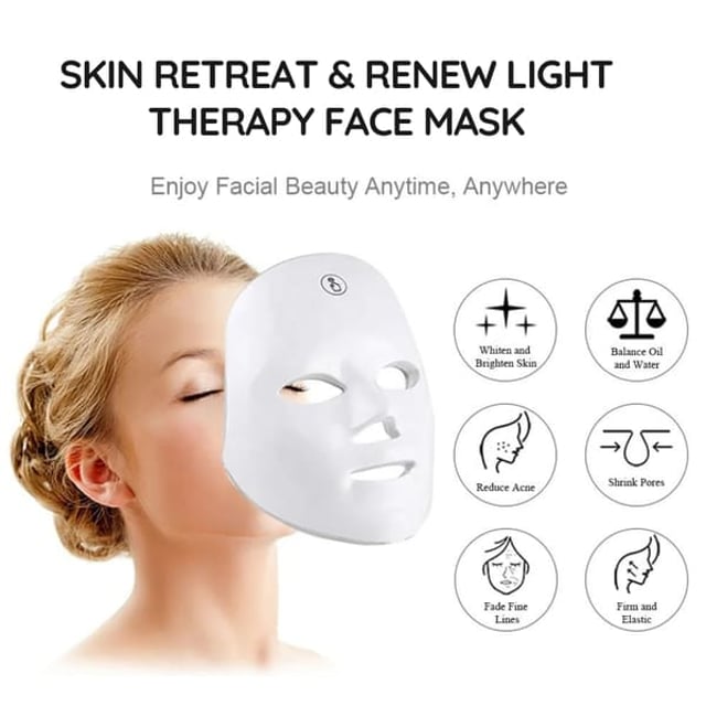 ErthSkin Skin Retreat & Renew Light Therapy Face Mask The LED Light Facial Beauty Mask utilizes advanced photodynamic technology to deeply penetrate the skin, stimulating collagen production, minimizing fine lines, enhancing skin elasticity, and addressing a variety of skin concerns. Equipped with seven light modes—red, blue, green, yellow, purple, turquoise, and laser blue—it delivers targeted skincare benefits such as acne reduction, skin rejuvenation, and brightening. This safe, non-invasive, and user-friendly mask promotes healthier skin through low-energy pure light therapy.
Steps for Use:
1. Cleanse your face thoroughly and allow it to air dry or gently pat it dry with a soft towel, avoiding harsh rubbing.
2. Attach the elastic bands to the mask and connect it to the power control box.
3. Press and hold the power button for 3 seconds to turn it on; use short presses to switch between light modes.
4. Position the mask comfortably on your face and secure the straps around your ears.
5. Relax and use the mask for 15-30 minutes, avoiding activities like reading or screen time.
6. After the session, remove the mask, cleanse your face, and store the device safely.
7. For optimal results, pair with your preferred skincare products or a disposable mask.