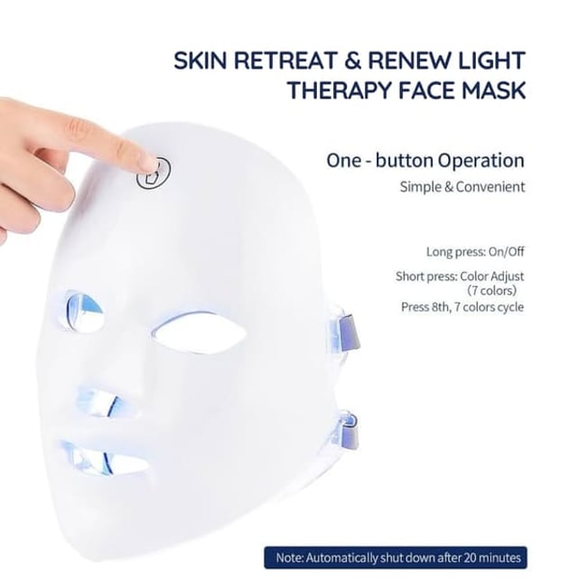 ErthSkin Skin Retreat & Renew Light Therapy Face Mask The LED Light Facial Beauty Mask utilizes advanced photodynamic technology to deeply penetrate the skin, stimulating collagen production, minimizing fine lines, enhancing skin elasticity, and addressing a variety of skin concerns. Equipped with seven light modes—red, blue, green, yellow, purple, turquoise, and laser blue—it delivers targeted skincare benefits such as acne reduction, skin rejuvenation, and brightening. This safe, non-invasive, and user-friendly mask promotes healthier skin through low-energy pure light therapy.
Steps for Use:
1. Cleanse your face thoroughly and allow it to air dry or gently pat it dry with a soft towel, avoiding harsh rubbing.
2. Attach the elastic bands to the mask and connect it to the power control box.
3. Press and hold the power button for 3 seconds to turn it on; use short presses to switch between light modes.
4. Position the mask comfortably on your face and secure the straps around your ears.
5. Relax and use the mask for 15-30 minutes, avoiding activities like reading or screen time.
6. After the session, remove the mask, cleanse your face, and store the device safely.
7. For optimal results, pair with your preferred skincare products or a disposable mask.