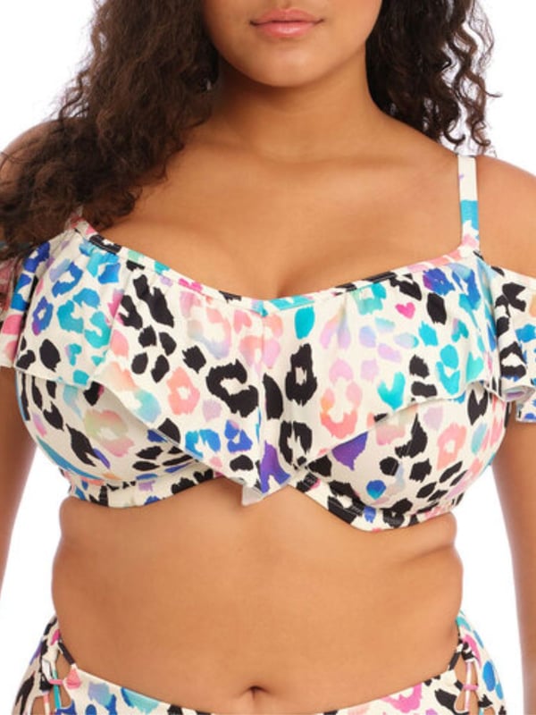 Elomi Party Bay Bikini Top. With narrow straps and a ruffle that can be worn on or off the shoulders. This product is recommended as hand wash only.