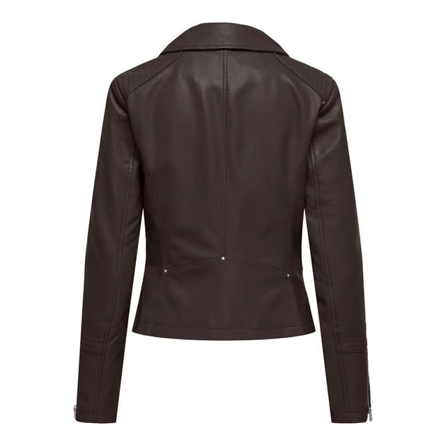 Womens Only Gemma Faux Leather Biker Jacket in chocolate torte- Classic collar with notch lapel.- Asymmetric zip fastening.- Snap fastening at lapels.- Stitch detail at shoulders and sleeves.- Zipped cuffs.- Zipped front pockets.- Mock zipped chest pockets.- Fully lined. - Measurement from shoulder to hem: 20in approximately. - Shell: 75% Viscose  25% Polyester.  Coating: Polyurethane.  Lining: 100% Polyester. Machine washable. - Ref: 15153079Measurements are intended for guidance only.