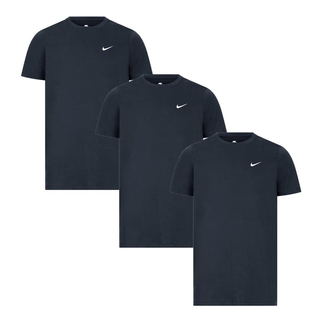 3 Pack Nike Crew Neck T-Shirt With Embroidered Swoosh in Navy Details Soft and stretchable rich cotton fabric Ribbed crew neck and short sleeves Interior taping to neck for durability Embroidered Nike swoosh logo branding 3 Pack